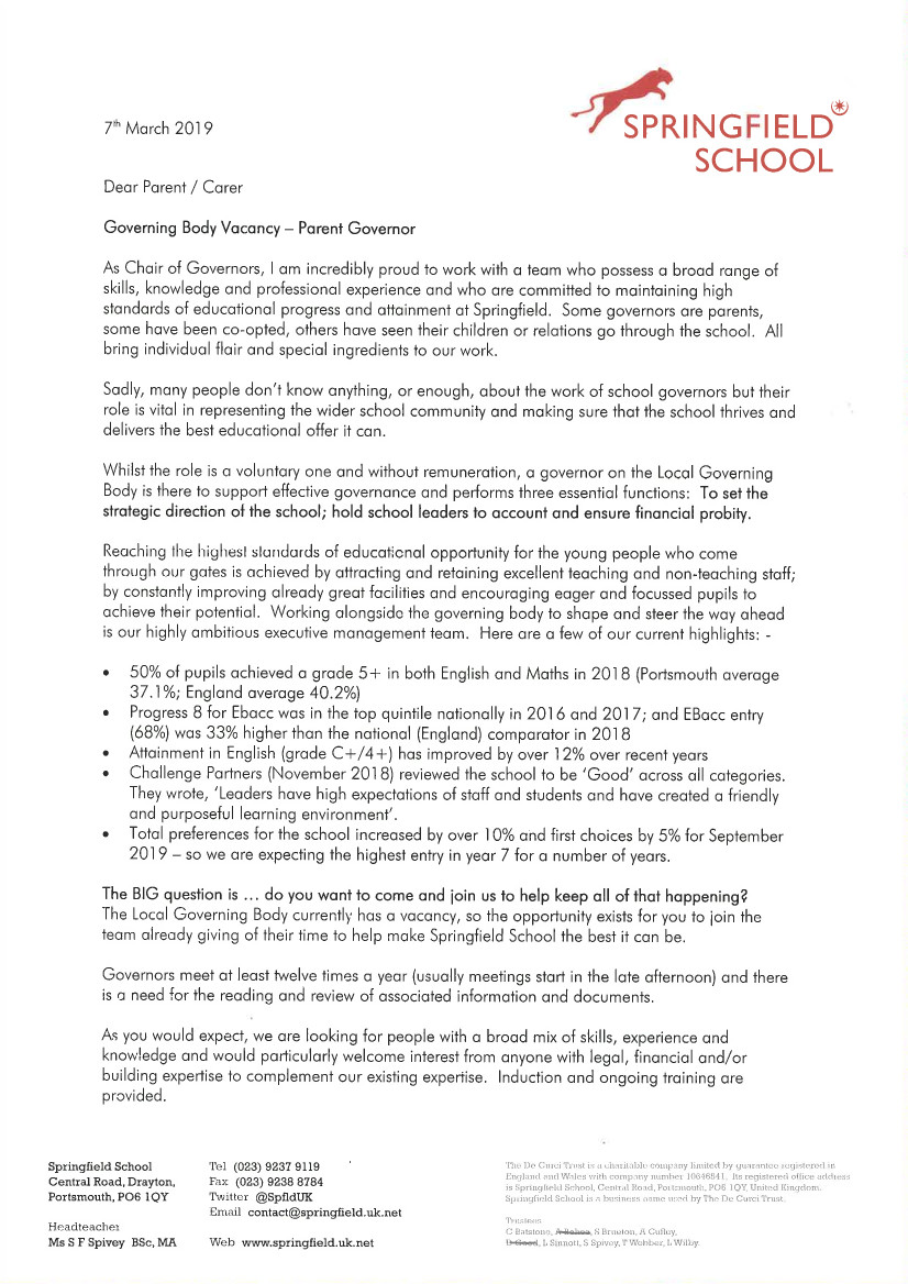 Letter to Parents re Parent Governor Position p1