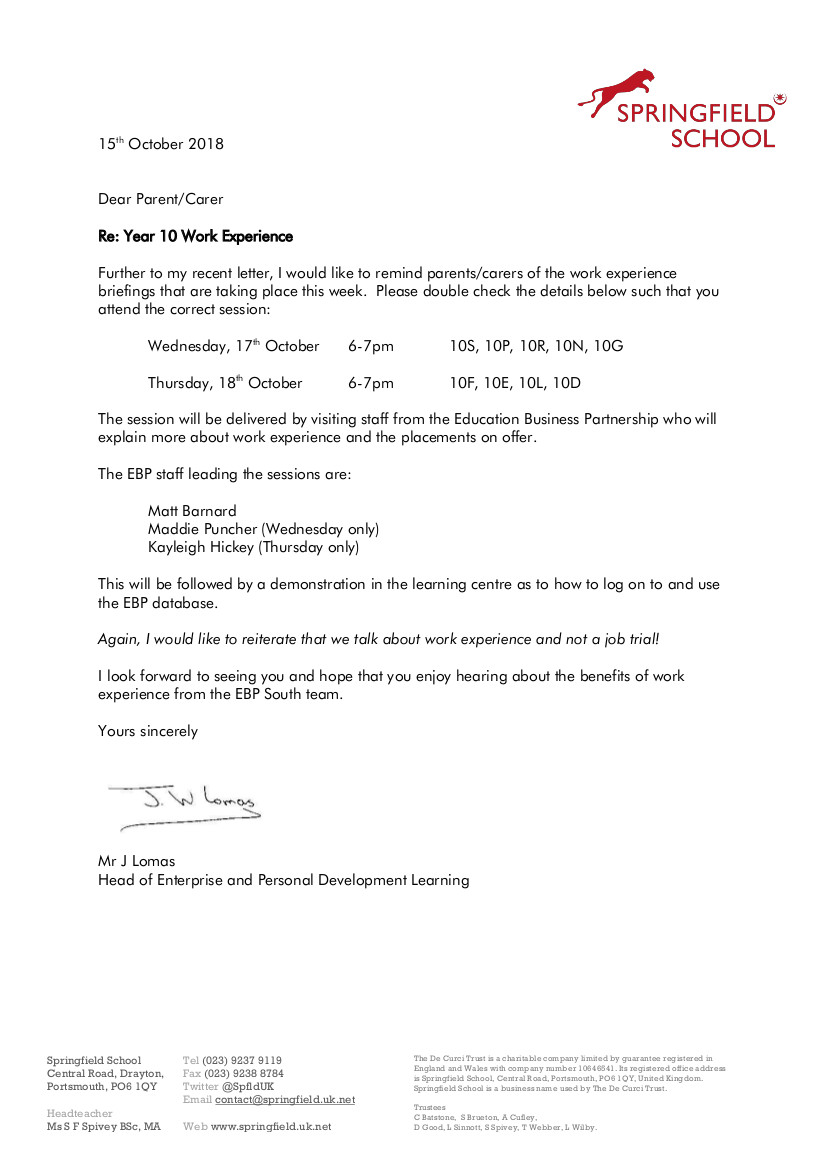Letter to Year 10 Parents re WEX Briefing dated 15 October 2018